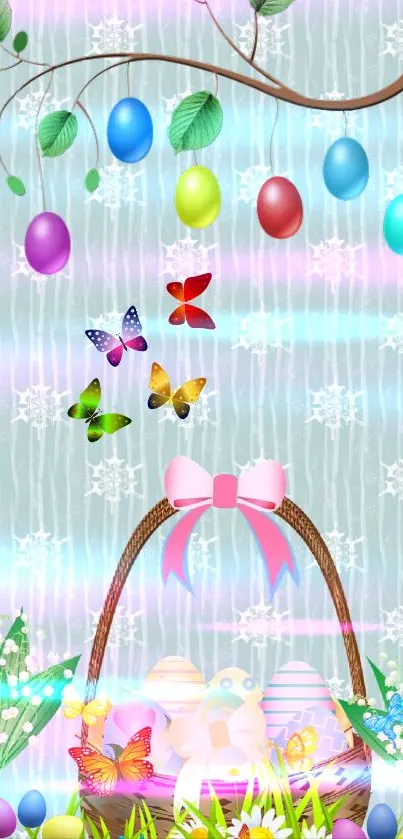 Vibrant Easter wallpaper with eggs, butterflies, and a decorative basket.