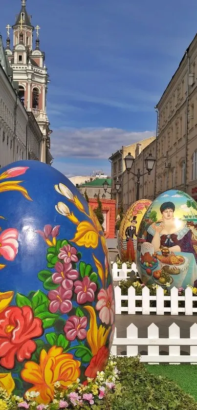 Vibrant Easter eggs decorate a city street with colorful floral patterns.