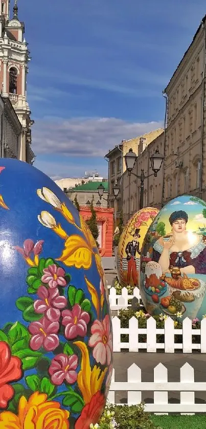 Colorful Easter eggs on a vibrant street backdrop.