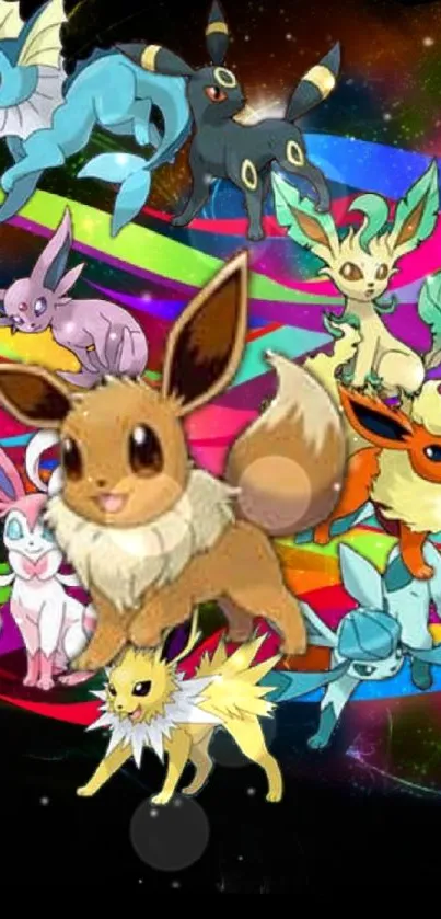 Eevee and evolutions in a colorful cosmic wallpaper.