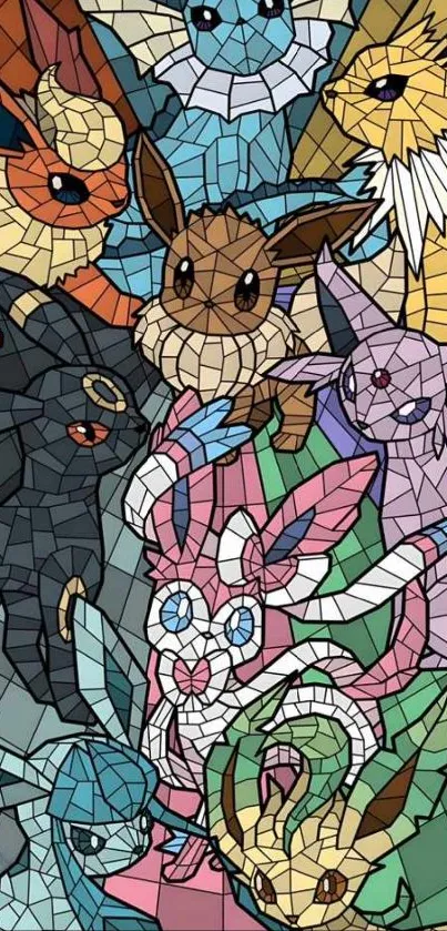 Colorful mosaic of Eevee evolutions in vibrant artistic wallpaper.