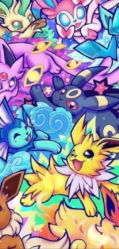 Vibrant Eeveelutions Pokémon wallpaper with artistic design.