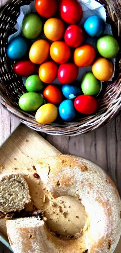 Colorful eggs in basket with bread on rustic table.