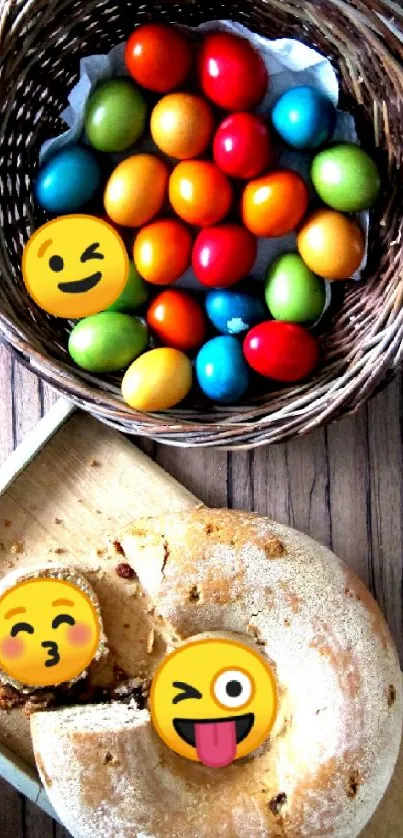 Vibrant Easter wallpaper with colorful eggs and emojis on a wooden table.