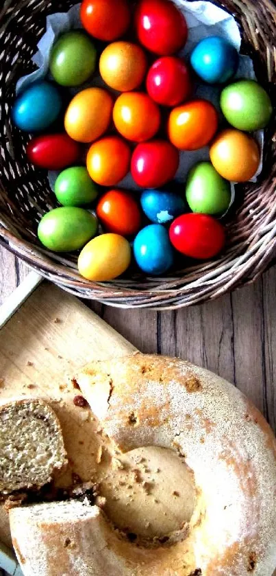 Basket of colorful eggs and bundt cake on wood surface.