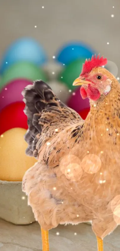 A hen stands in front of colorful eggs on a beige background.