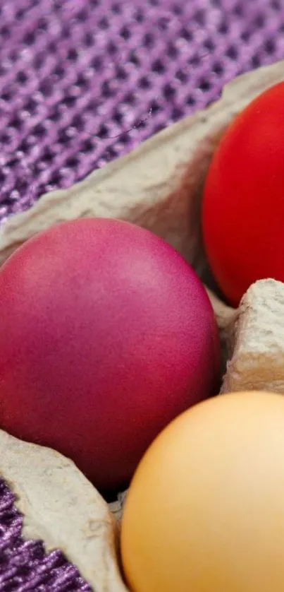 Vibrant colorful eggs in a textured carton setting.