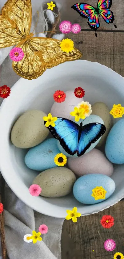 A bowl of colorful eggs with butterflies and flowers on a wooden table.