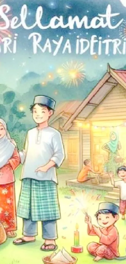 Illustration of a joyful Eid celebration with family and fireworks.