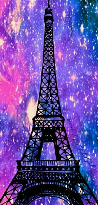 Colorful Eiffel Tower with cosmic purple background.