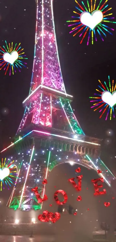 Vibrant Eiffel Tower with love hearts and fireworks night wallpaper.