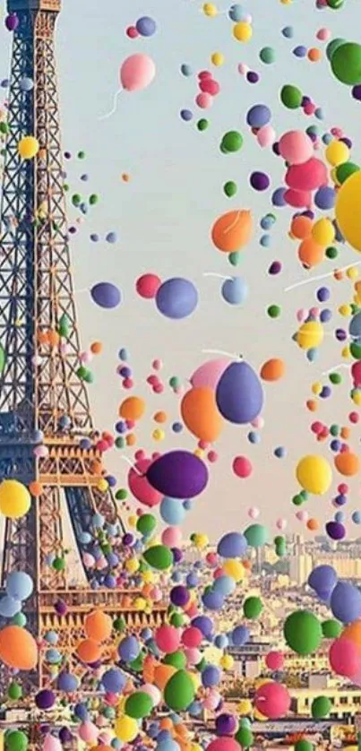 Eiffel Tower with colorful balloons in a vibrant sky.