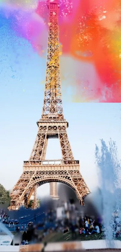 Eiffel Tower with vibrant colorful splash in the background.