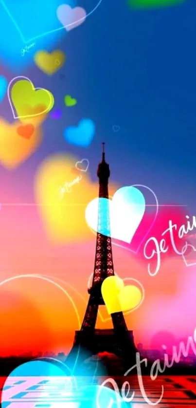 Eiffel Tower with colorful hearts and vibrant sunset sky.