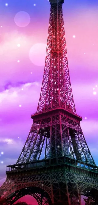 Colorful Eiffel Tower with pink and purple sky backdrop.