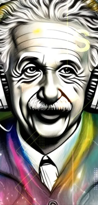 Vibrant, colorful Einstein art with headphones.