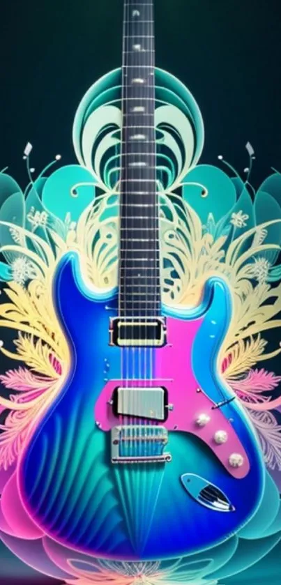 Vibrant electric guitar with colorful background design.