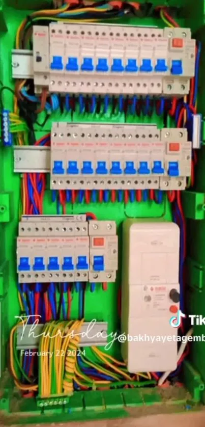 Colorful circuit board with green base and blue switches.