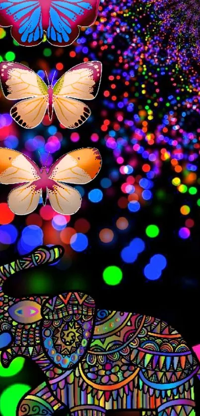 Vibrant mobile wallpaper with colorful elephant and butterflies.