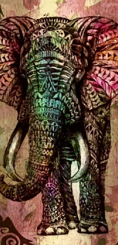 Intricately designed colorful elephant wallpaper with artistic patterns.