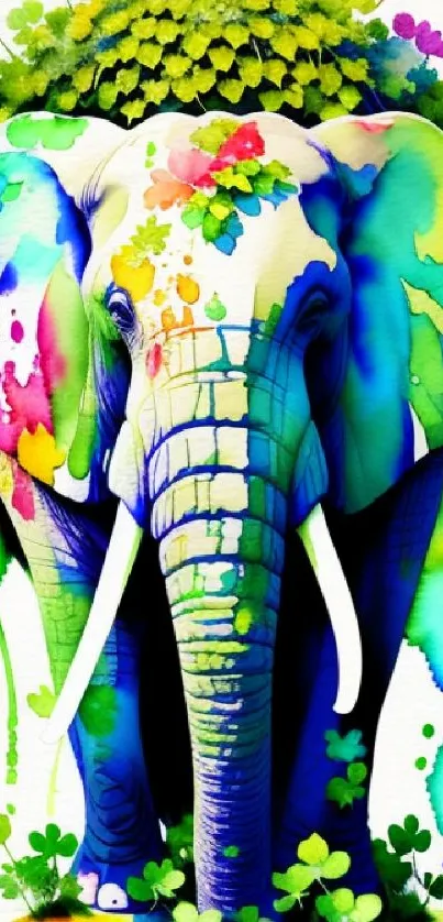 Vibrant multicolor artistic elephant wallpaper with nature themes.