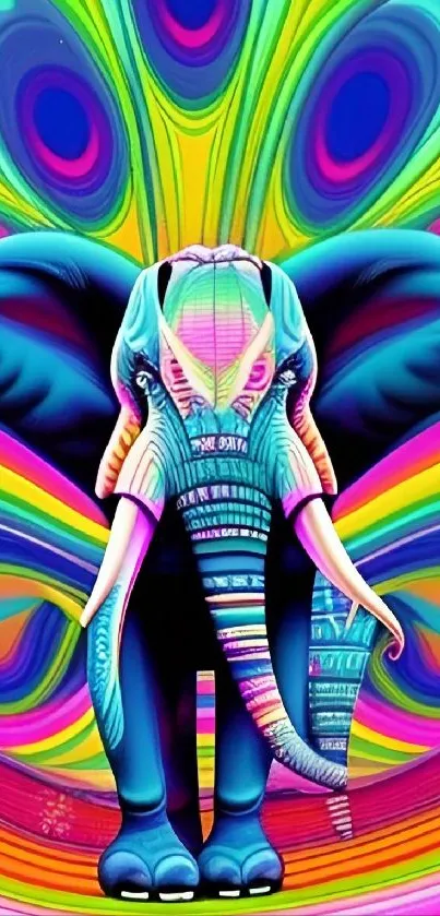 Colorful psychedelic elephant art wallpaper with vibrant abstract design.