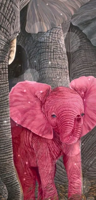 Pink baby elephant among larger elephants in wildlife art.