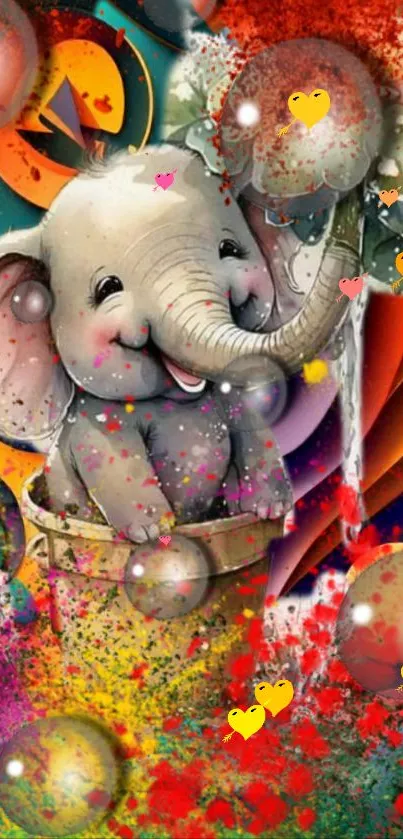 Colorful fantasy wallpaper with a cute elephant.