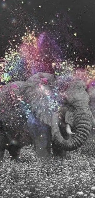 Elephant with colorful powder explosion in surreal landscape.