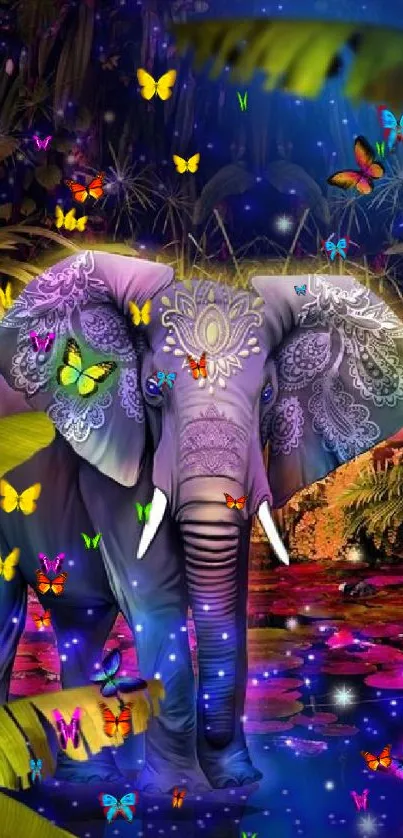 Vibrant fantasy elephant with glowing butterflies in a jungle.