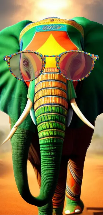 Whimsical elephant with sunglasses in vibrant colors and sunset background.