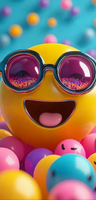 Colorful emoji with sunglasses amid pastel balls.