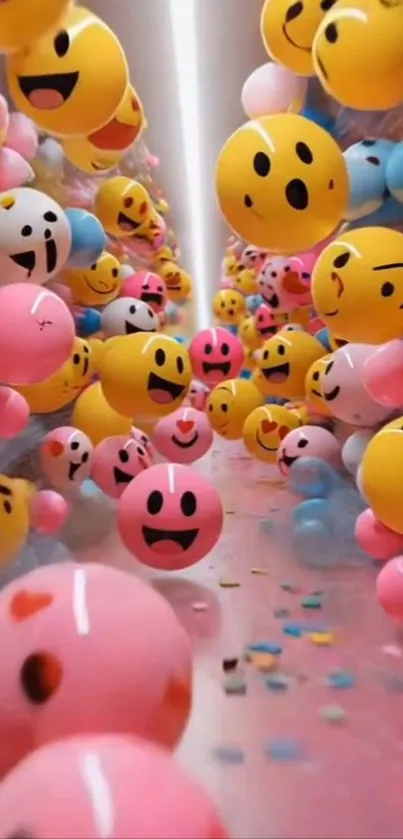 Colorful emoji balloons fill a lively tunnel.