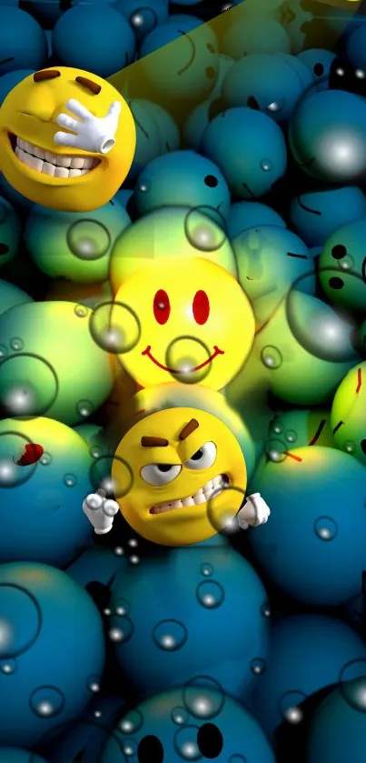 Colorful wallpaper with 3D emojis and bubbles in blue and yellow hues.