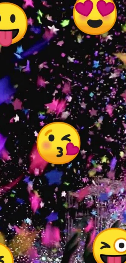 Colorful confetti and emojis on a vibrant phone wallpaper.