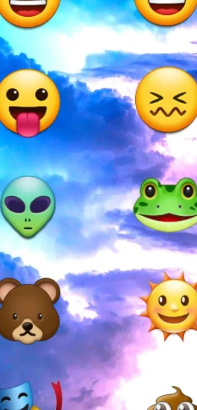 Colorful emojis on a dreamy lavender cloud background.