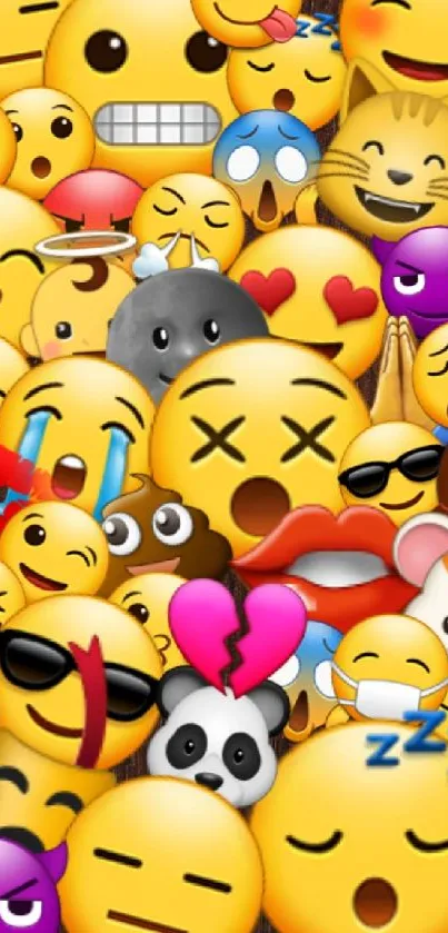 Colorful collage of expressive emojis on a phone wallpaper.