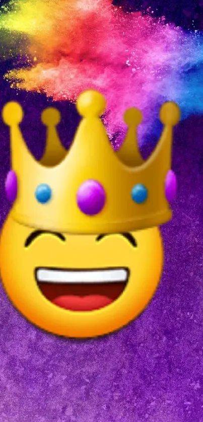 Emoji with crown on a colorful purple background.