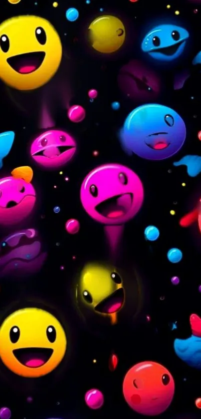 Vibrant wallpaper with colorful emoji faces on a black background.