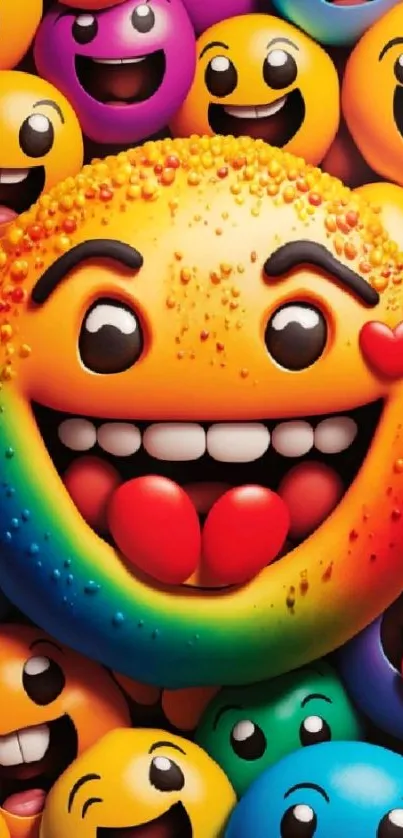 A colorful emoji with a happy, vibrant face on a mobile wallpaper.