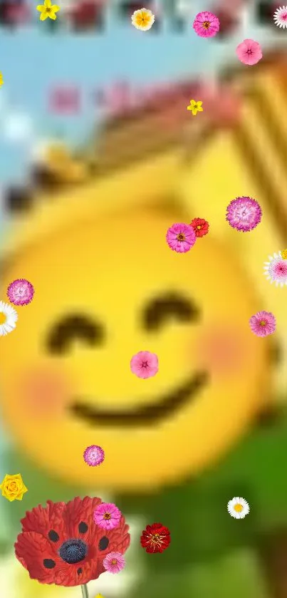 Smiling emoji with colorful flowers background.