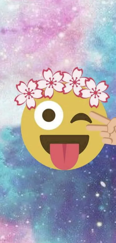 Winking emoji with floral crown on colorful galaxy background.