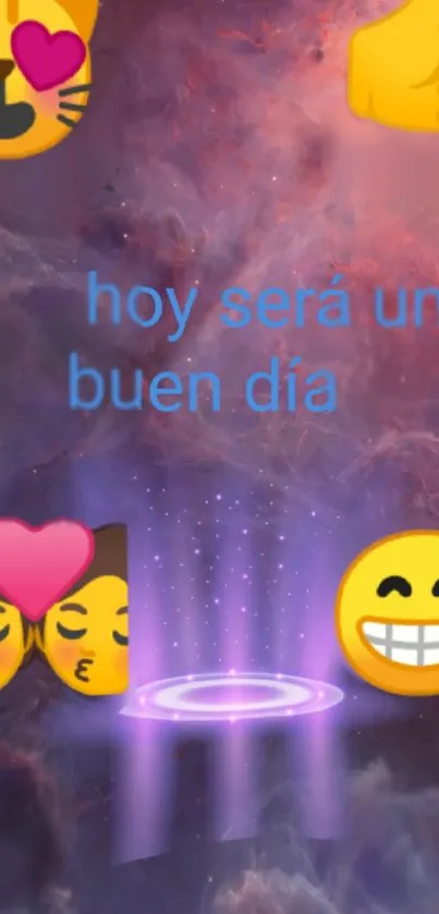 Vibrant galaxy wallpaper with emojis and Spanish text.