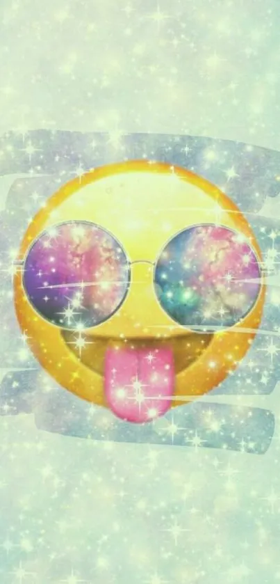 Colorful emoji with sunglasses and galaxy sparkle background wallpaper.