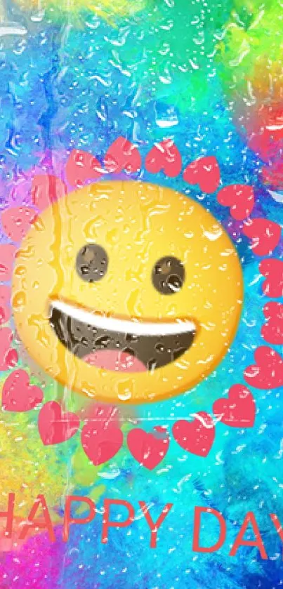 Happy emoji with colorful rain and 'Happy Day' text on mobile wallpaper.