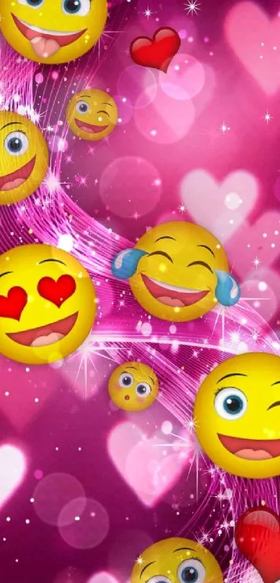 Mobile wallpaper with colorful emojis, hearts on a magenta background.