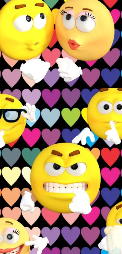 Colorful heart background with joyful emojis and vibrant expressions.