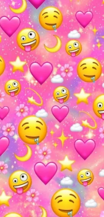 Colorful emoji and heart pink wallpaper background.