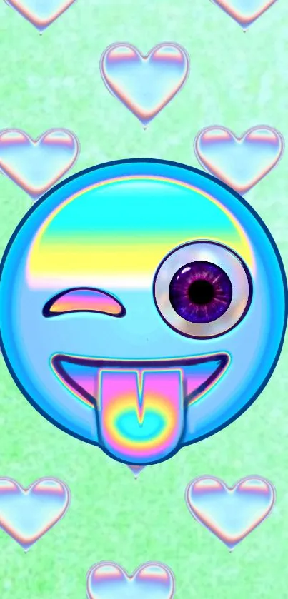 Winking emoji with rainbow tongue and heart background on a light blue screen.