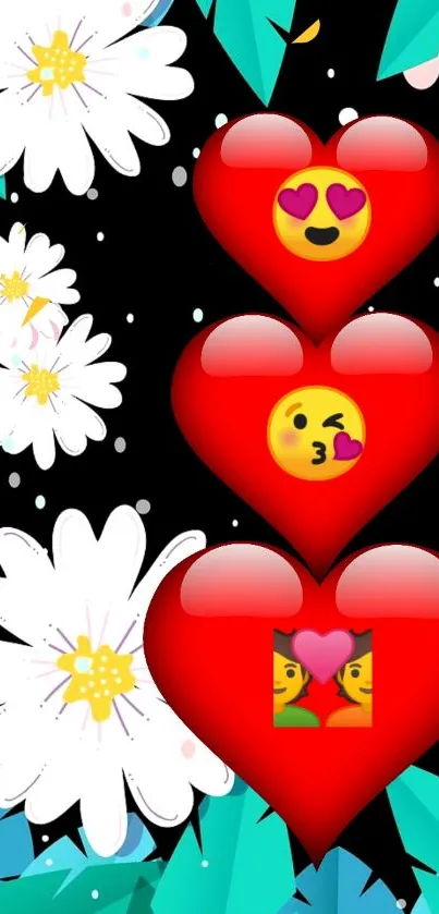 Colorful wallpaper with emoji hearts and flowers.